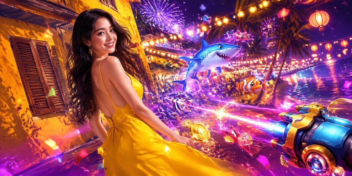 Màn hình neon hiển thị trò chơi bắn cá và jackpot tại Hội An về đêm với không khí sôi động