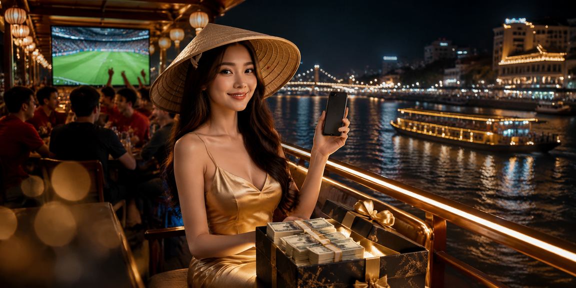 Người dùng vùng sông Mê Kông đội nón lá theo dõi thể thao trực tuyến trên điện thoại